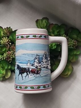 1984 Holiday Winter Sleigh Collectible Ceramic Mug in White and Light Blue